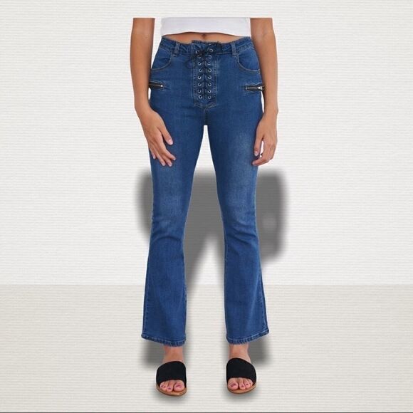 High Waisted Denim Lace Up Bell Bottom Jea… - Picture 3 of 8